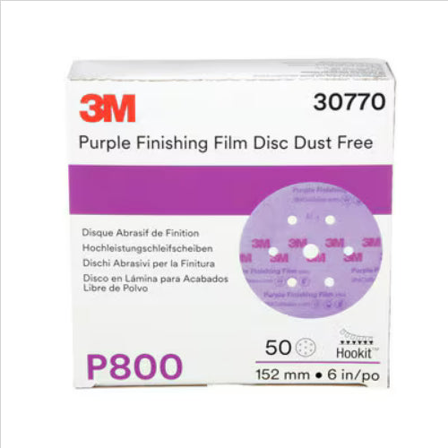 3M™ Hookit™ Purple Finishing Film Abrasive, 6 in, P800, 50 discs With Holes