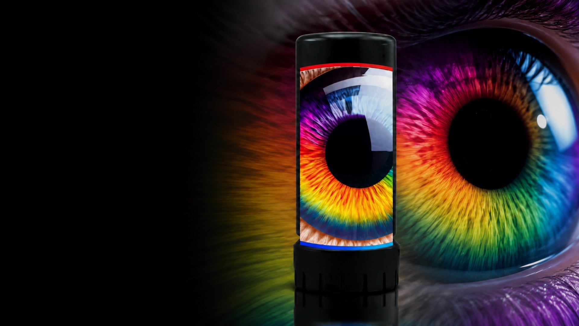 Spectrum Color Eye canister in front of a rainbow-coloured iris