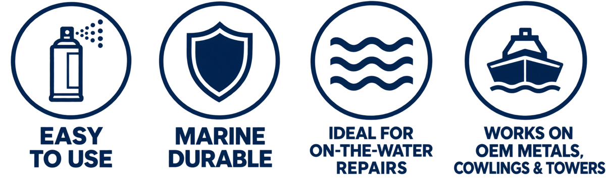 Easy to use. Marine durable. Ideal for on-the-water repairs. Works on OEM metals, cowlings and towers.